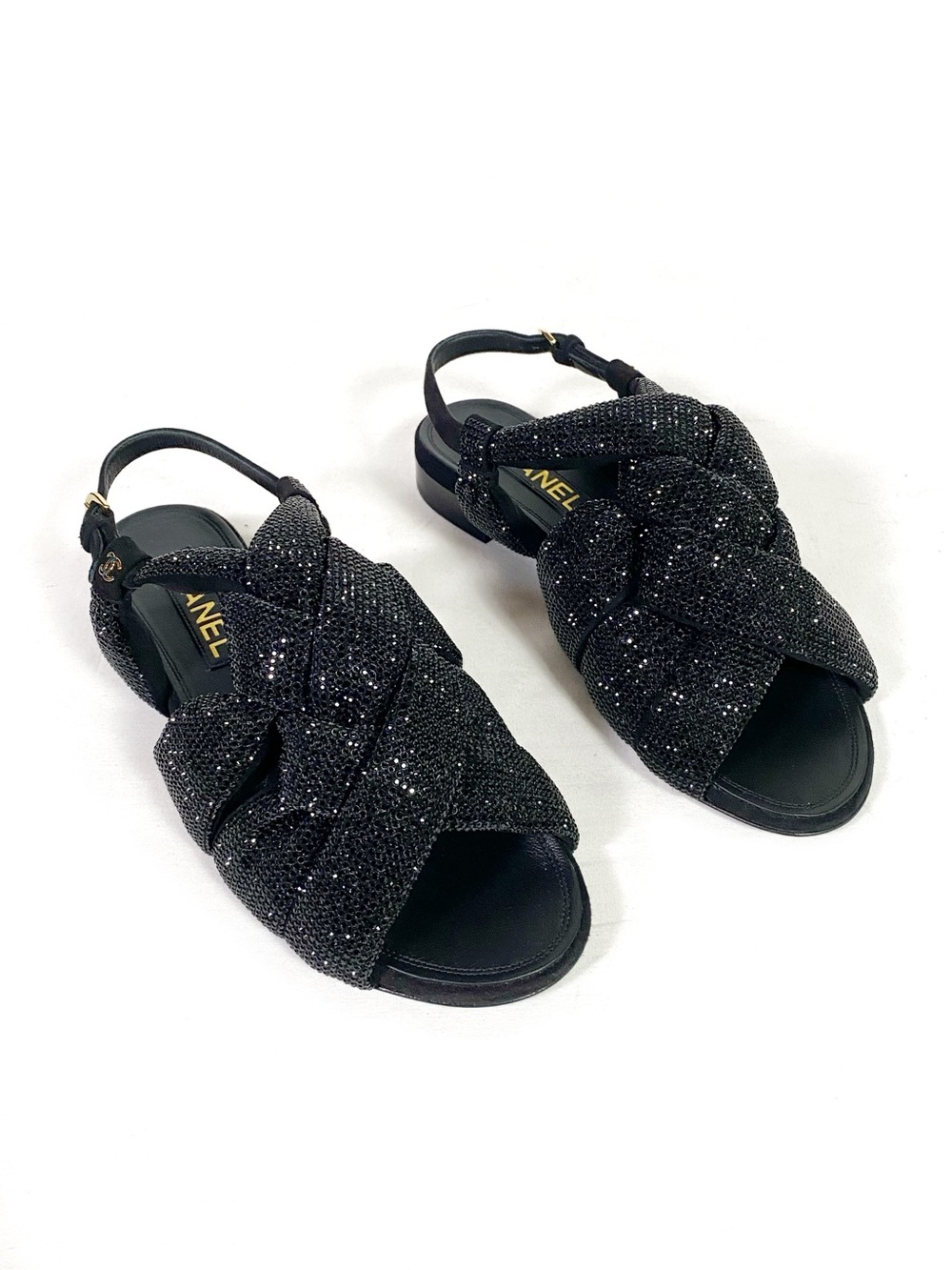 Chanel Braided Knot Rhinestone Slingback Sandals Black